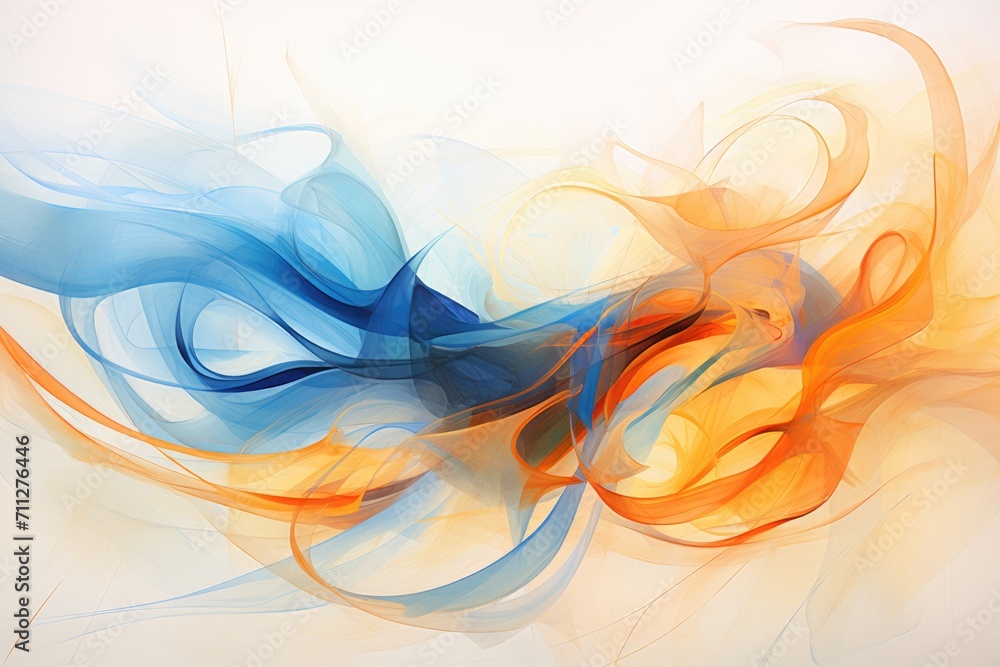 This abstract painting showcases a vibrant mix of blue, orange, and yellow colors, Depict an abstract version of a clash between warmth and cold, using shades of orange and blue, AI Generated This abstract painting showcases a vibrant mix of blue, orange, and yellow colors, Depict an abstract version of a clash between warmth and cold, using shades of orange and blue, AI Generated