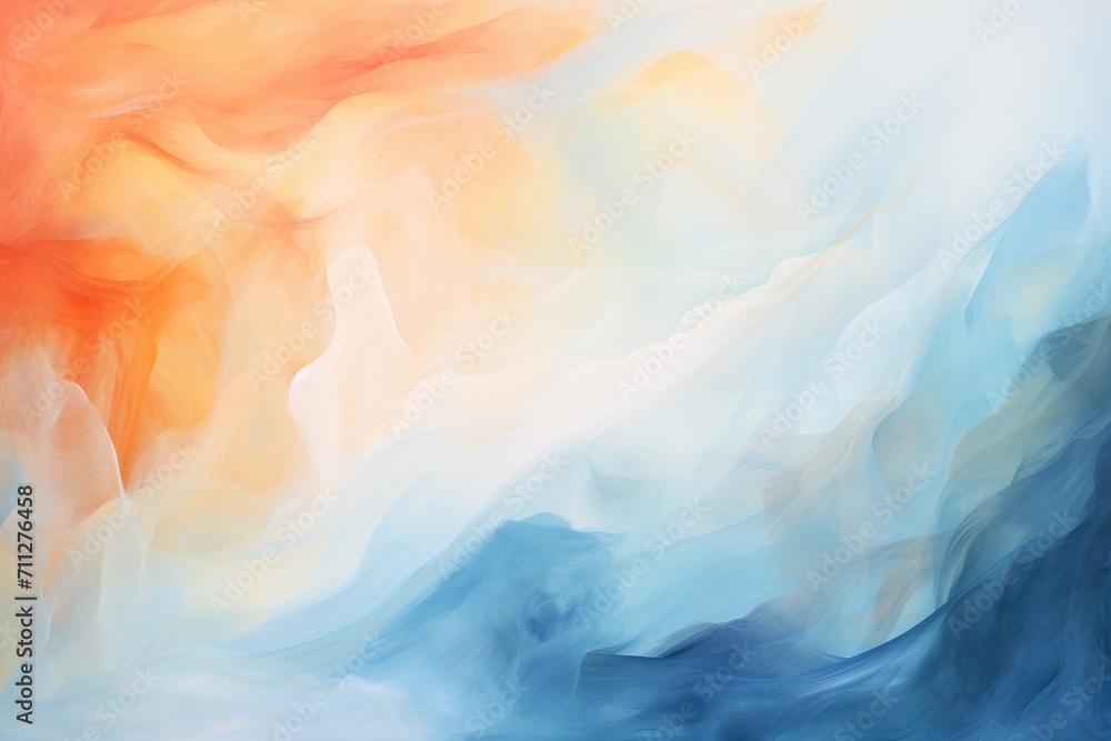 An eye-catching abstract painting featuring vibrant blue, orange, and yellow colors, Depict an abstract version of a clash between warmth and cold, using shades of orange and blue, AI Generated