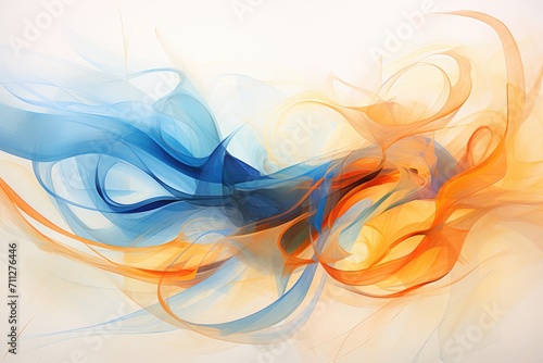 This abstract painting showcases a vibrant mix of blue, orange, and yellow colors, Depict an abstract version of a clash between warmth and cold, using shades of orange and blue, AI Generated