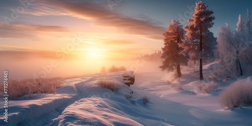 Winter meadow with snow-covered trees near a cliff in the fog at sunrise. Generative AI.