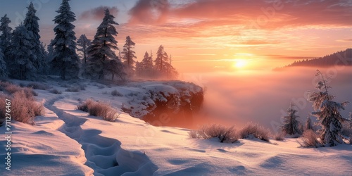 Winter meadow with snow-covered trees near a cliff in the fog at sunrise. Generative AI.