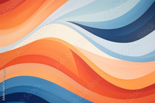 A breathtaking painting capturing the power and beauty of a wave through an array of oranges, blues, and whites, Design a wavy, abstract mural with dominant hues of orange and blue, AI Generated