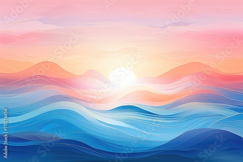 A stunning painting capturing the beauty of a sunset over a calm body of water, Design an abstract representation of a sunrise over a blue sea, AI Generated