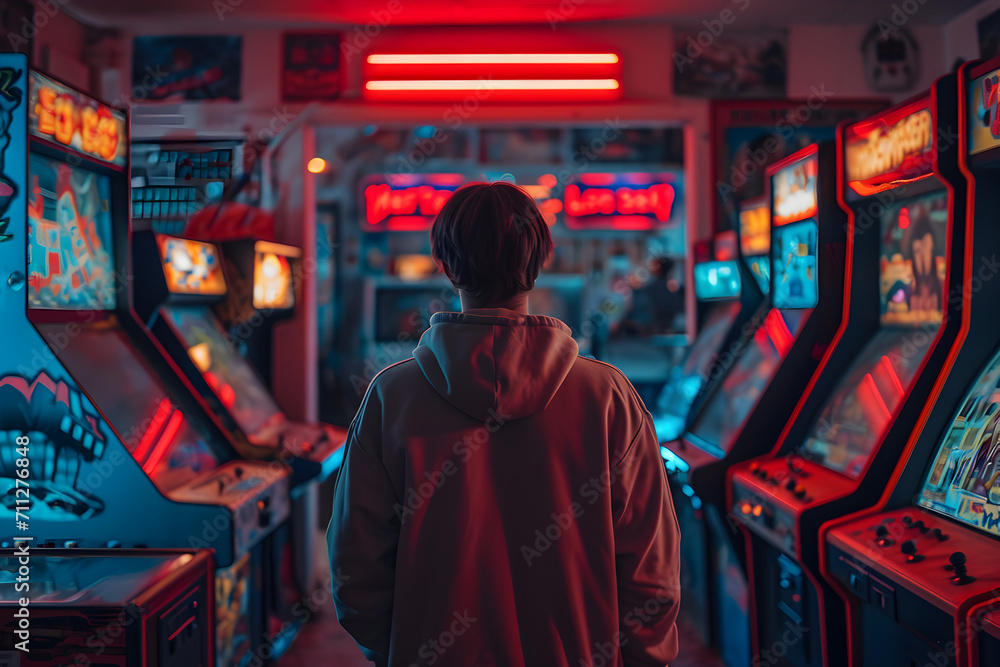 Fototapeta premium Young Man in a Retro Gaming Room
