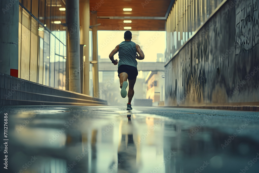Fototapeta premium Runner on Wet Track in the City