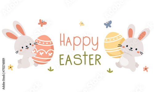 Cute banner on the theme of Easter holiday. Cute Easter bunnies holding colored eggs  the inscription Happy Easter. Vector illustration