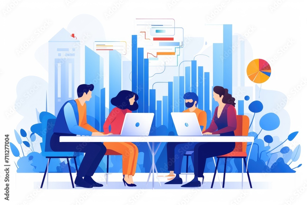 A diverse group of individuals sitting at a table, focused and engaged, each working on their laptops, Digital marketing team working on a new campaign strategy, AI Generated