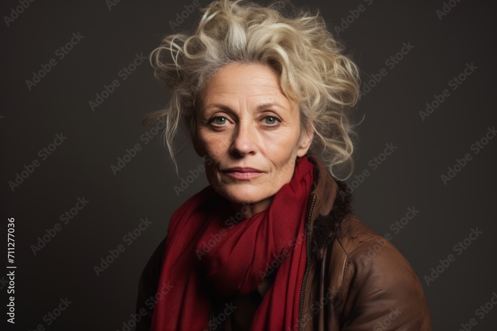 Portrait of an elderly woman in a red scarf. Studio shot.