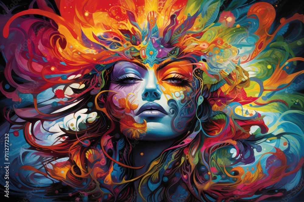A colorful painting depicting a woman with stunning, eye-catching hair, Dtream of consciousness design with rich, saturated colors spreading across the canvas, AI Generated