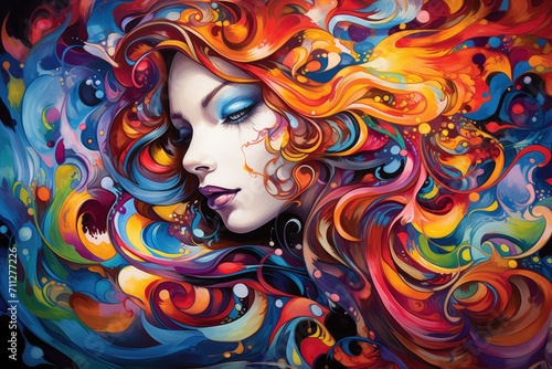 A captivating painting that depicts a woman with dazzling and vibrant hair colors, Dtream of consciousness design with rich, saturated colors spreading across the canvas, AI Generated
