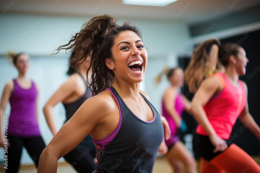 A diverse group of women engaging in a dance class, actively learning and practicing various dance routines, Energetic zumba class taking place in a dance studio, AI Generated