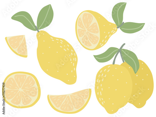 Modern set of lemons isolated on white background. Abstract hand drawn citrus fruits clip art. Whole lemon, fruit on branch, lemon slice, flat illustration, vector