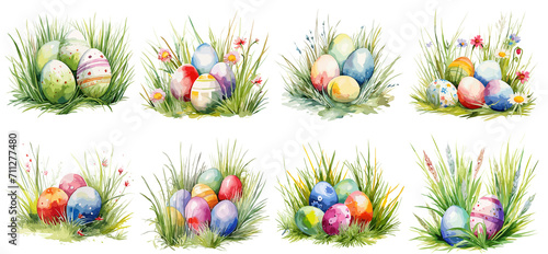 Set of watercolor Easter Bunny and Eggs, PNG, generated ai
