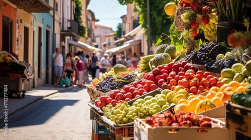 Natural products market in sunny Spanish street. Fresh fruits and vegetables from local farmers.