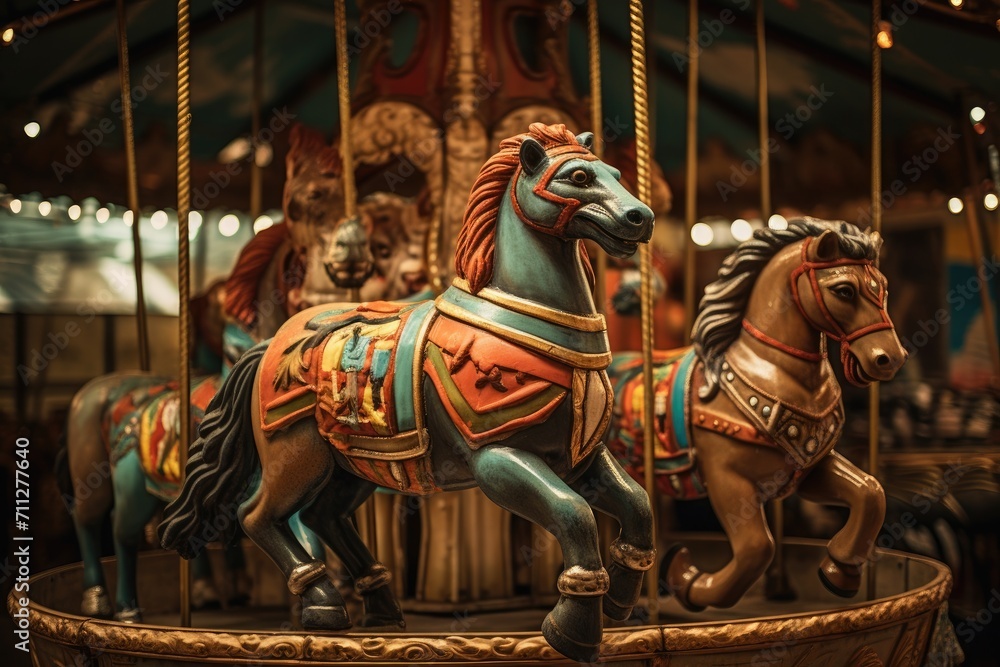 A vibrant and exciting amusement park carousel with beautifully crafted horse figures spinning around, Exotic animals on vintage carousel, AI Generated