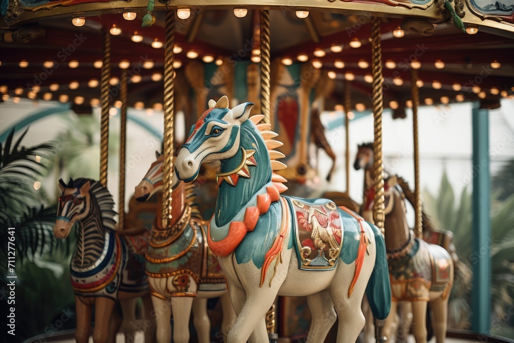 A colorful merry go round spinning in a playground with children riding on the carousel, Exotic animals on vintage carousel, AI Generated