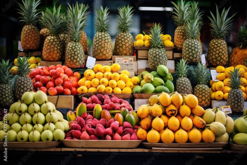 A wide variety of fresh fruits are beautifully arranged and showcased at a vibrant market, Exotic tropical fruits neatly arranged in a market, AI Generated A wide variety of fresh fruits are beautifully arranged and showcased at a vibrant market, Exotic tropical fruits neatly arranged in a market, AI Generated