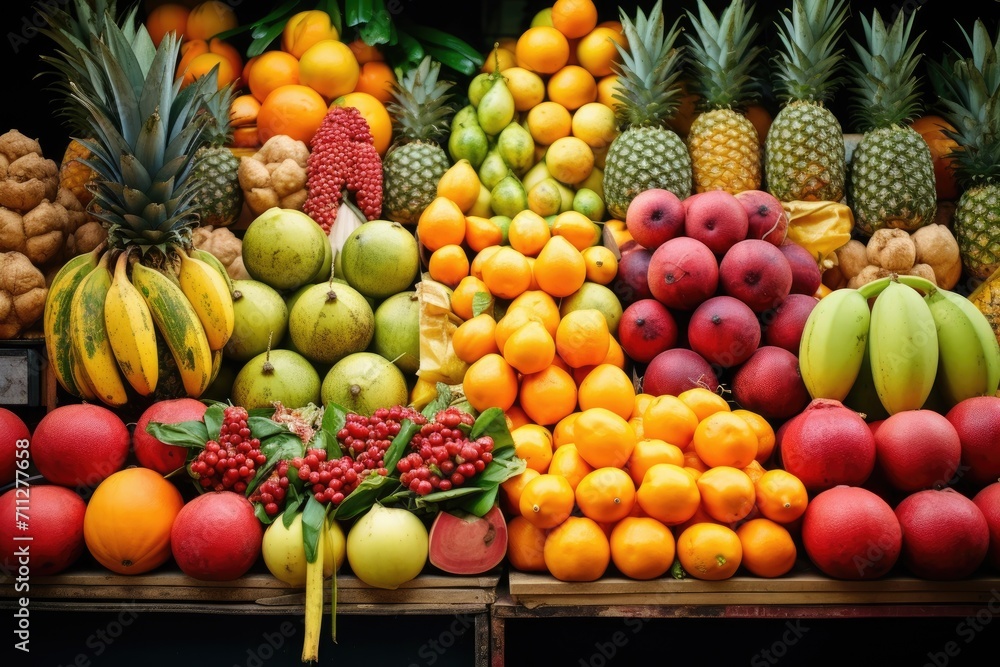 A colorful array of fruits and vegetables showcased on a table, ready to be enjoyed, Exotic tropical fruits neatly arranged in a market, AI Generated A colorful array of fruits and vegetables showcased on a table, ready to be enjoyed, Exotic tropical fruits neatly arranged in a market, AI Generated
