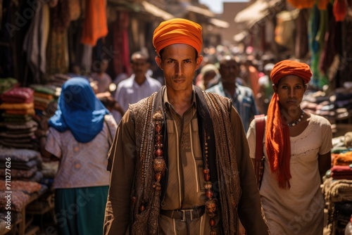 A man wearing an orange turban walks confidently through a bustling market, Ethnic clothing in a busy marketplace setting, AI Generated
