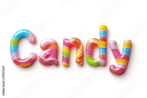 Colorful candy letters spelling the word CANDY isolated on a white background, suitable for confectionery and dessert-themed designs