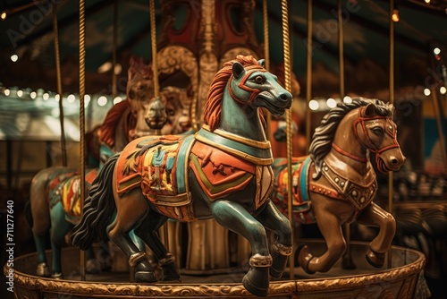 A vibrant and exciting amusement park carousel with beautifully crafted horse figures spinning around, Exotic animals on vintage carousel, AI Generated © Iftikhar alam