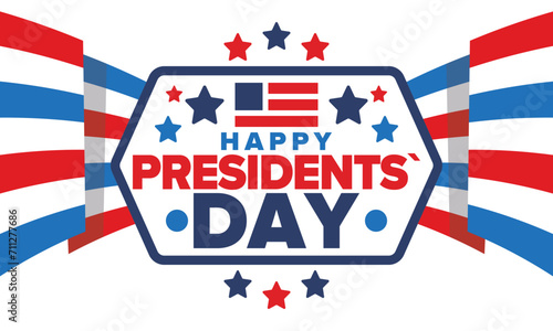Happy Presidents day in United States. Washington's Birthday. Federal holiday in America. Celebrated in February. Patriotic american elements. Poster, banner and background. Vector illustration