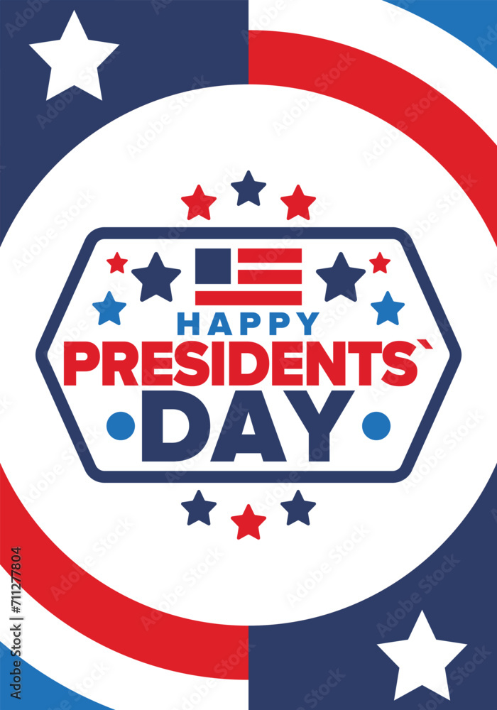 Fototapeta premium Happy Presidents day in United States. Washington's Birthday. Federal holiday in America. Celebrated in February. Patriotic american elements. Poster, banner and background. Vector illustration