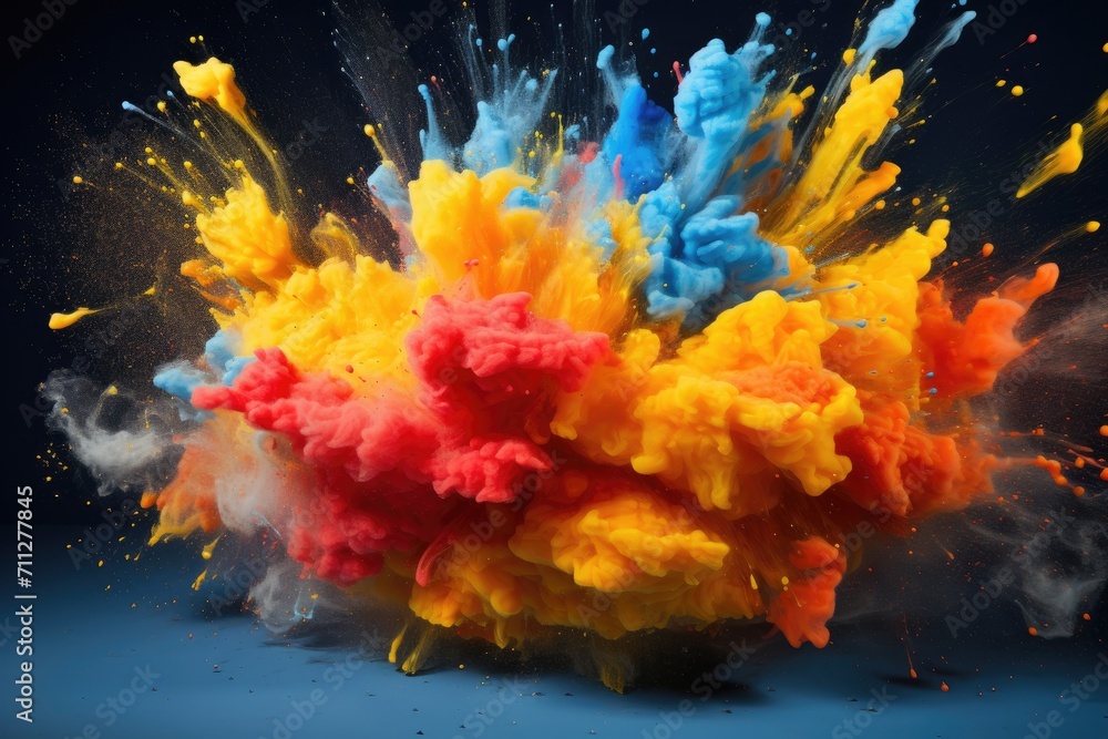 A captivating image capturing a dynamic explosion of vibrant, colorful powder against a sleek black backdrop, Explosive collision of primary colors, AI Generated