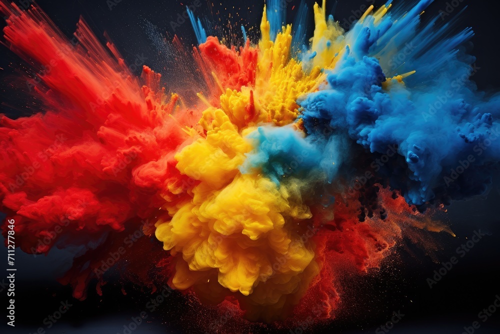 An energetic burst of vibrant colored powder set against a dramatic black backdrop, Explosive collision of primary colors, AI Generated