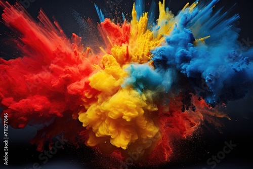An energetic burst of vibrant colored powder set against a dramatic black backdrop, Explosive collision of primary colors, AI Generated © Iftikhar alam