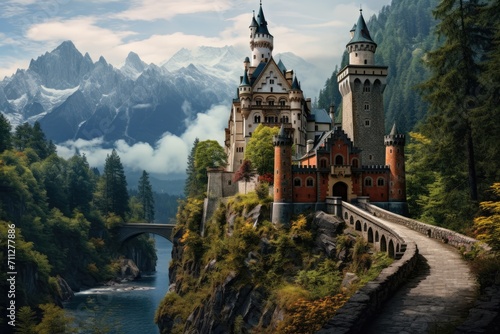 This picturesque painting portrays a stunning castle nestled amidst the breathtaking mountain landscape, Fairytale like castle in the Bavarian mountains, Germany, AI Generated