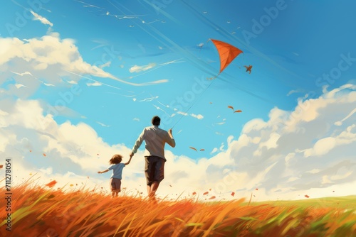 A father and son happily fly a kite in a scenic field, embracing the joy of spending quality time together, Father and children flying kites on a windy day, AI Generated