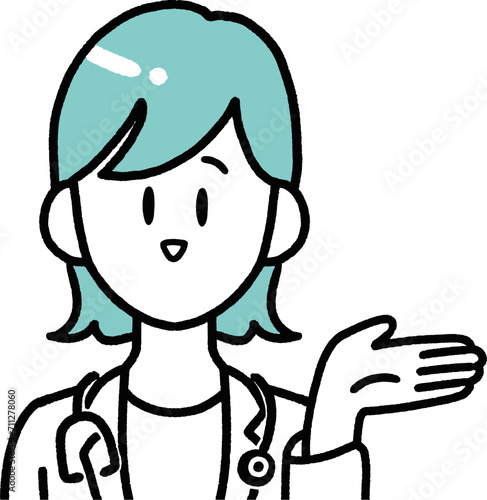 指を指して医療サービスを案内する医療従事者のシンプルイラスト