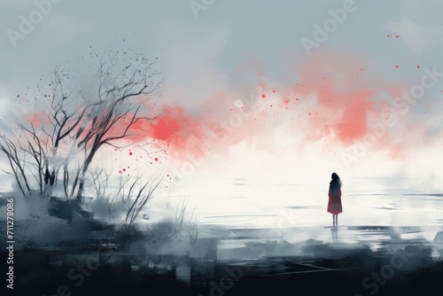 A captivating painting of a woman in a red dress peacefully observing the serenity of a vast body of water, Feeling of solitude illustrated through an abstract winter landscape, AI Generated