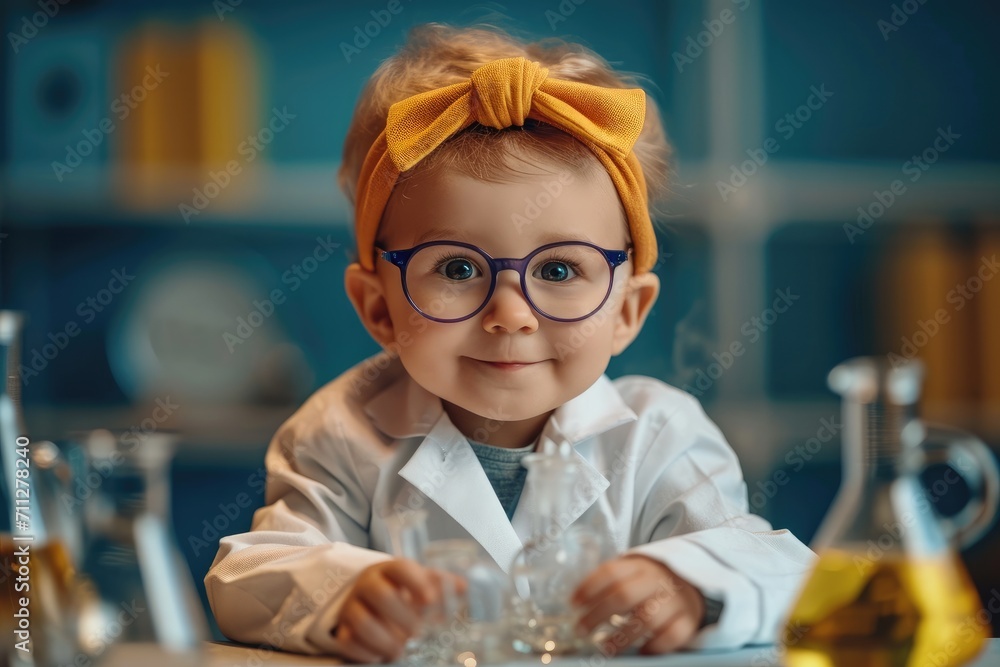 Baby in laboratory outfit doing chemical reactions. Generative AI. Baby in laboratory outfit doing chemical reactions. Generative AI.