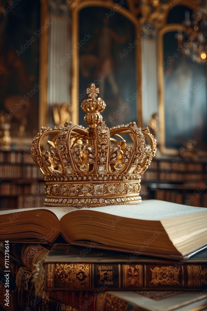 The golden crown lies on a pile of books in the royal chamber. Generative AI.