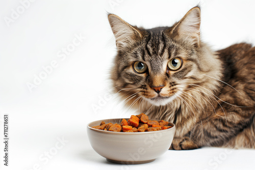 Portrait of a beautiful charming fluffy long-haired cat with expressive eyes, gray with yellow color of hair, sitting near a bowl of cat food on a white background.