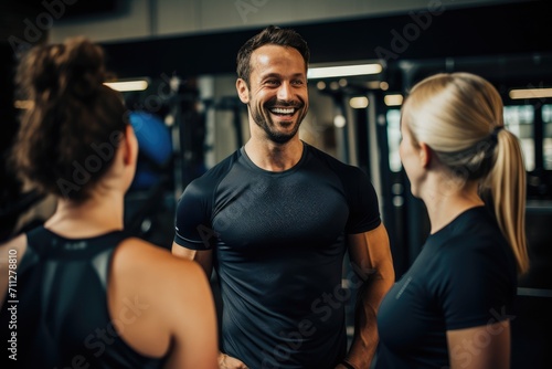 A man with a smile on his face stands confidently in front of a group of women, Fitness trainer encouraging clients during a workout, AI Generated