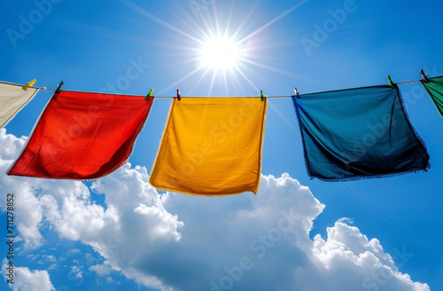 Cloth, laundry or colourful fabric hanging on a washing line for laundromat business, textile and background. Blue sky, summer day and springtime wallpaper for clean clothes and eco friendly washing