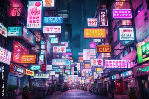 A dazzling display of various neon signs adorning a lively city street, Flashing neon signs conveying messages in a bustling city, AI Generated