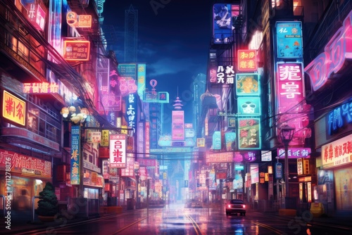 A lively city street filled with a multitude of colorful neon signs competing for attention, Flashing neon signs conveying messages in a bustling city, AI Generated