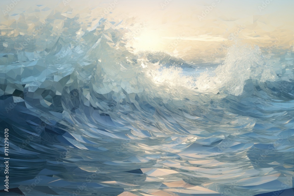 Majestic Painting of Enormous Ocean Wave in Vibrant Colors, Fluid motions of digitized waves crashing against pixelated shores, AI Generated
