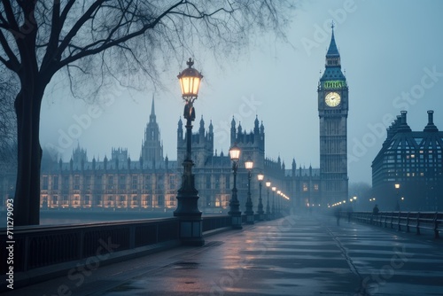 The iconic Big Ben clock tower dominates the London city skyline with its majestic presence, Foggy morning in London with the iconic Big Ben in background, AI Generated photo