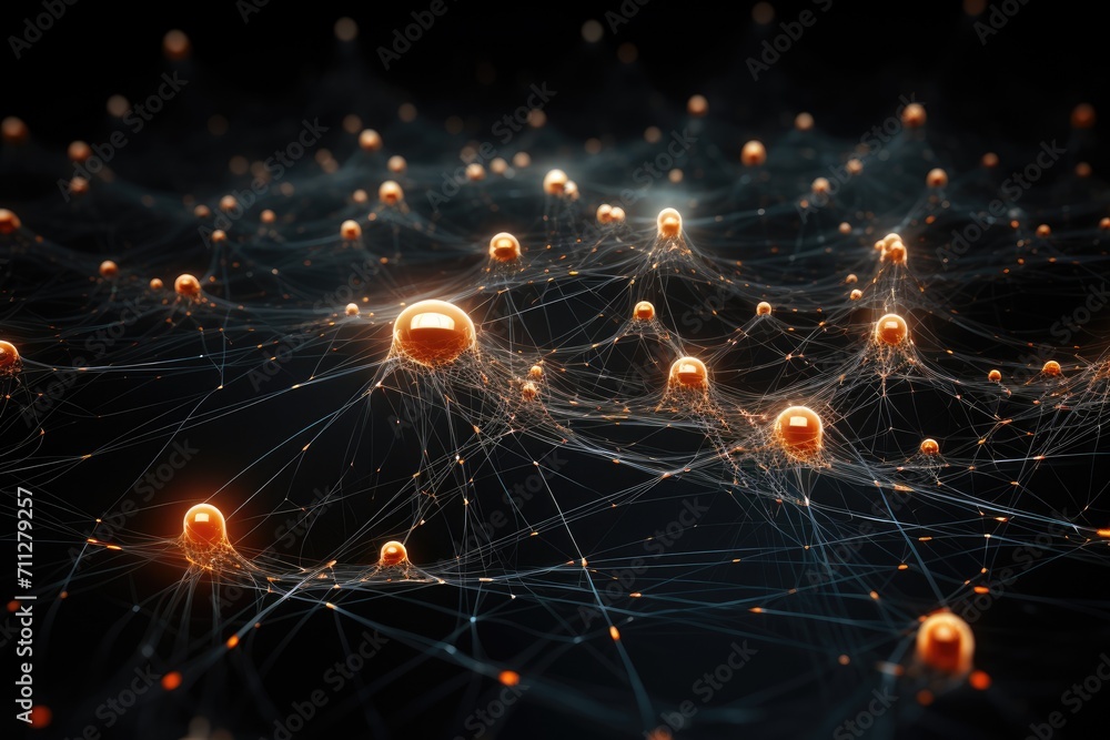 Network of Orange Balls on Black Background, Circular Patterns, Connectivity, Circularity