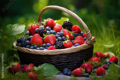 A basket overflowing with various delicious berries sits on top of a vibrant, lush green field under the sunlight, Fresh organic berries in a basket on the grass, AI Generated