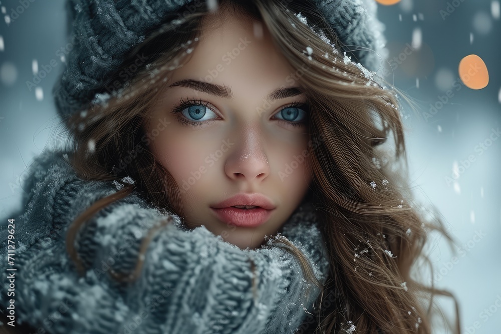 A young girl with a penetrating look in a mysterious winter during a heavy snowfall. Generative AI. A young girl with a penetrating look in a mysterious winter during a heavy snowfall. Generative AI.