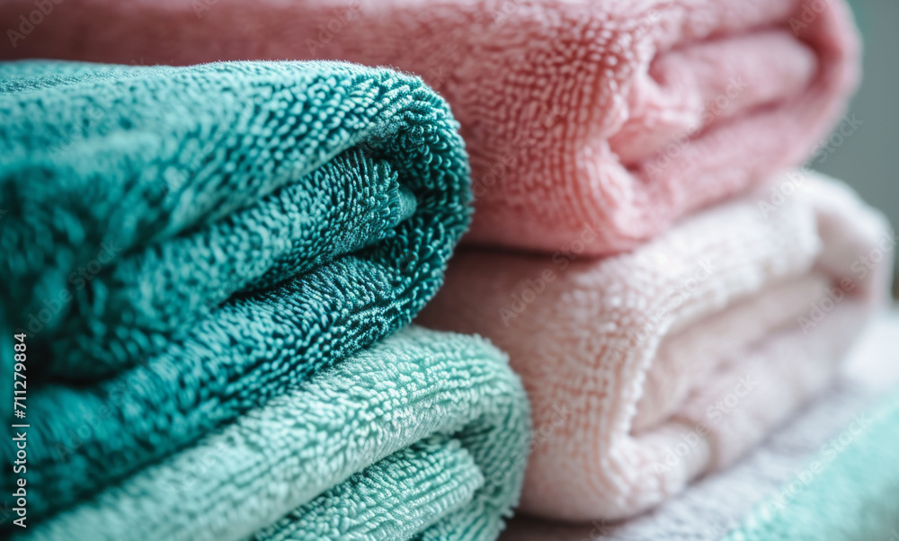 Hotel towel, laundry and clean fabric background for laundromat business, detergent or hygiene. Colourful, neat and stacked fluffy textile for washing softener, cleaning service and eco friendly Hotel towel, laundry and clean fabric background for laundromat business, detergent or hygiene. Colourful, neat and stacked fluffy textile for washing softener, cleaning service and eco friendly