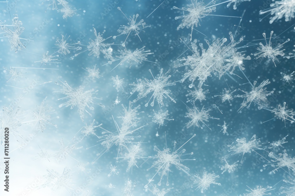 A stunning snowflake stands out in the middle of a serene blue sky, creating a striking winter scene, Frozen in time: A flurry of abstract snowflakes falling, AI Generated A stunning snowflake stands out in the middle of a serene blue sky, creating a striking winter scene, Frozen in time: A flurry of abstract snowflakes falling, AI Generated