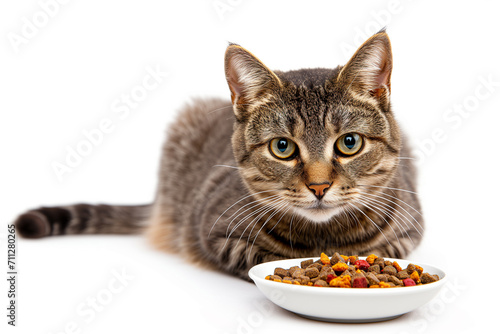 Beautiful cute adorable gray shorthair cat with expressive eyes sitting near a bowl of cat food on a white background.