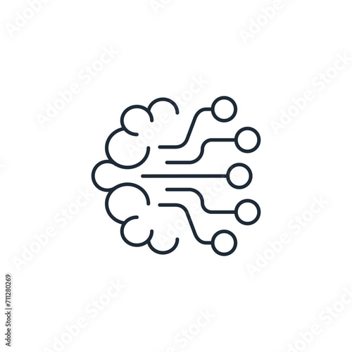Human brain hemisphere with electronic connections diagram. Brain with electronic board.Vector linear icon isolated on white background.